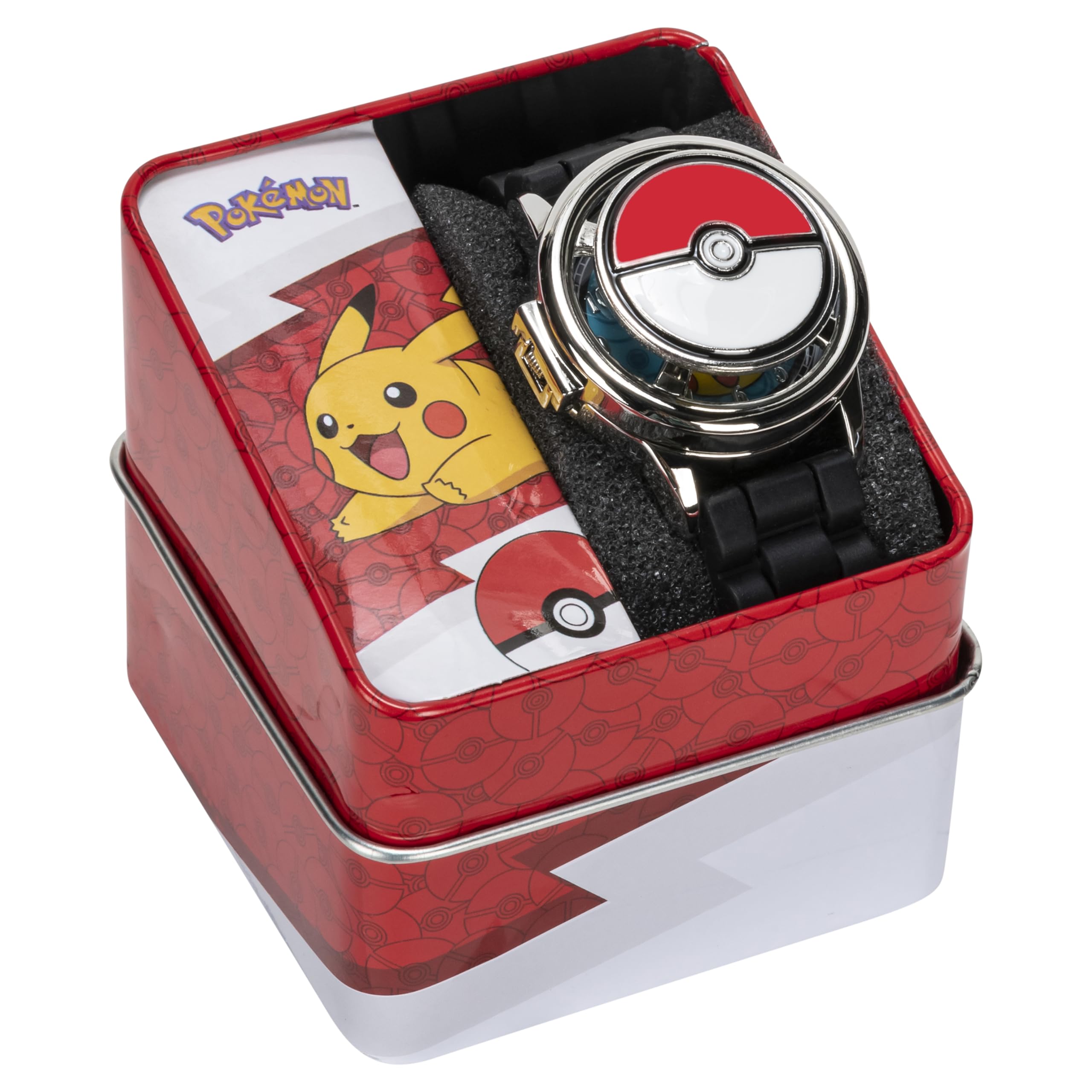 Pokémon Spinner Top Analog Watch for Kids – Features Iconic Poké Ball Spinner, Silver Metal Case, Comfortable Silicone Strap, and Pikachu Dial Art, Perfect for Pokémon Fans and Collectors
