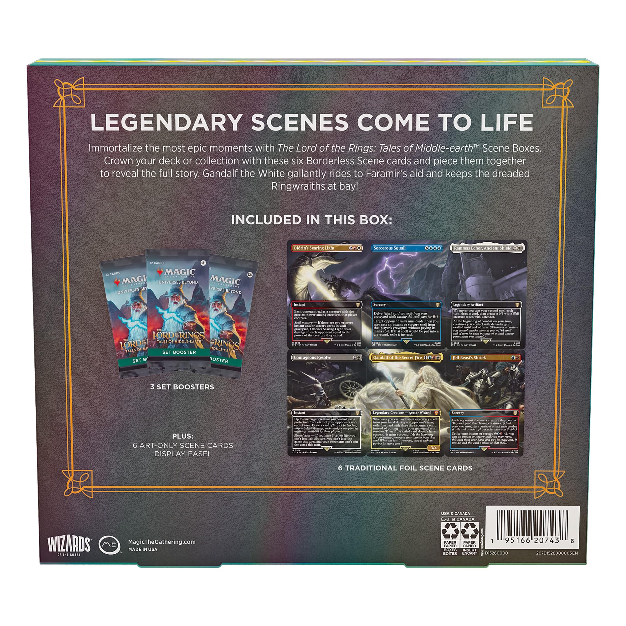Magic: The Gathering The Lord of The Rings: Tales of Middle-Earth Scene Box - Gandalf in Pelennor Fields (6 Scene Cards, 6 Art Cards, 3 Set Boosters + Display Easel)